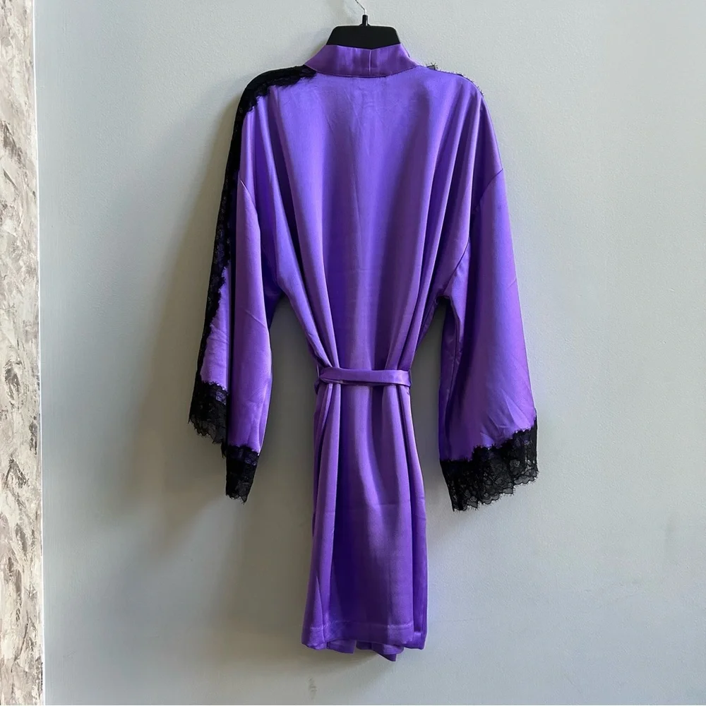 NWOT Victoria’s Secret Purple Black Luxe Collection Lace Trim Kimono Robe, XS/S - Picture 8 of 11